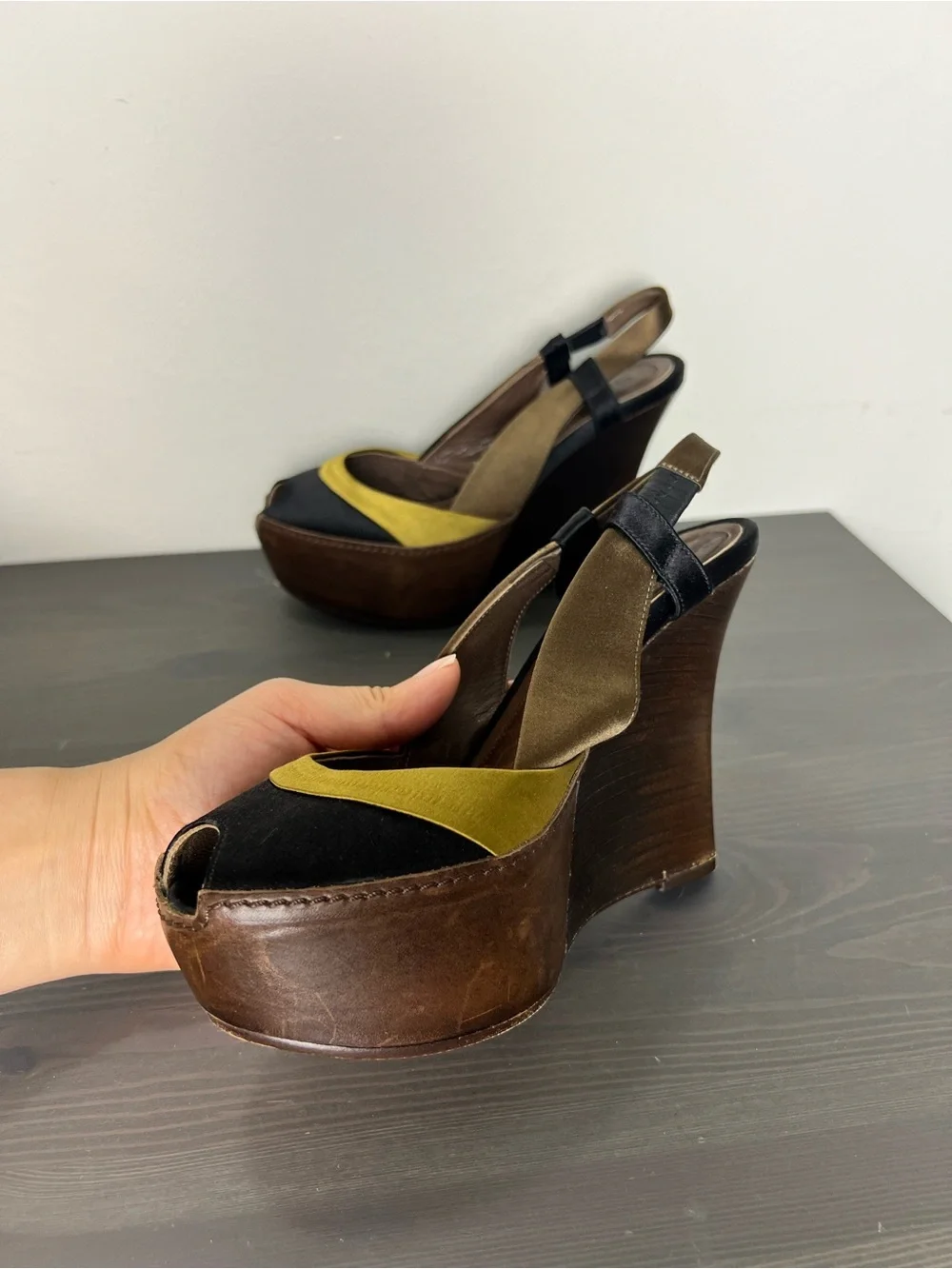 Marni Colorblock Platform Wedge Sandals Size 36 Black Yellow Peep Toe Heel